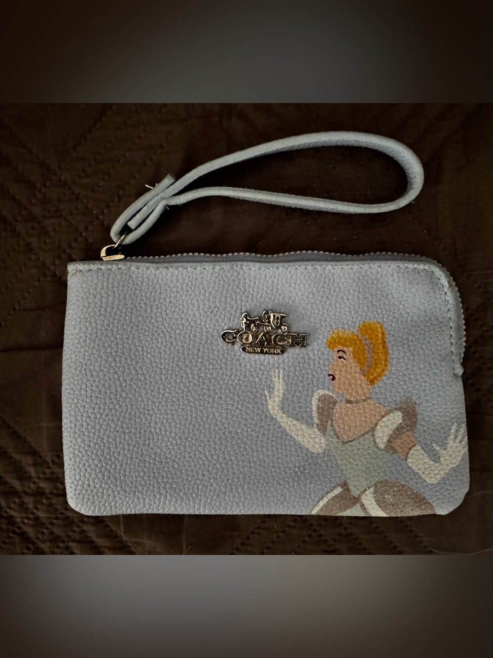 Coach Knock Off. Light Blue Wristlet Clutch with Cinderella Artwork